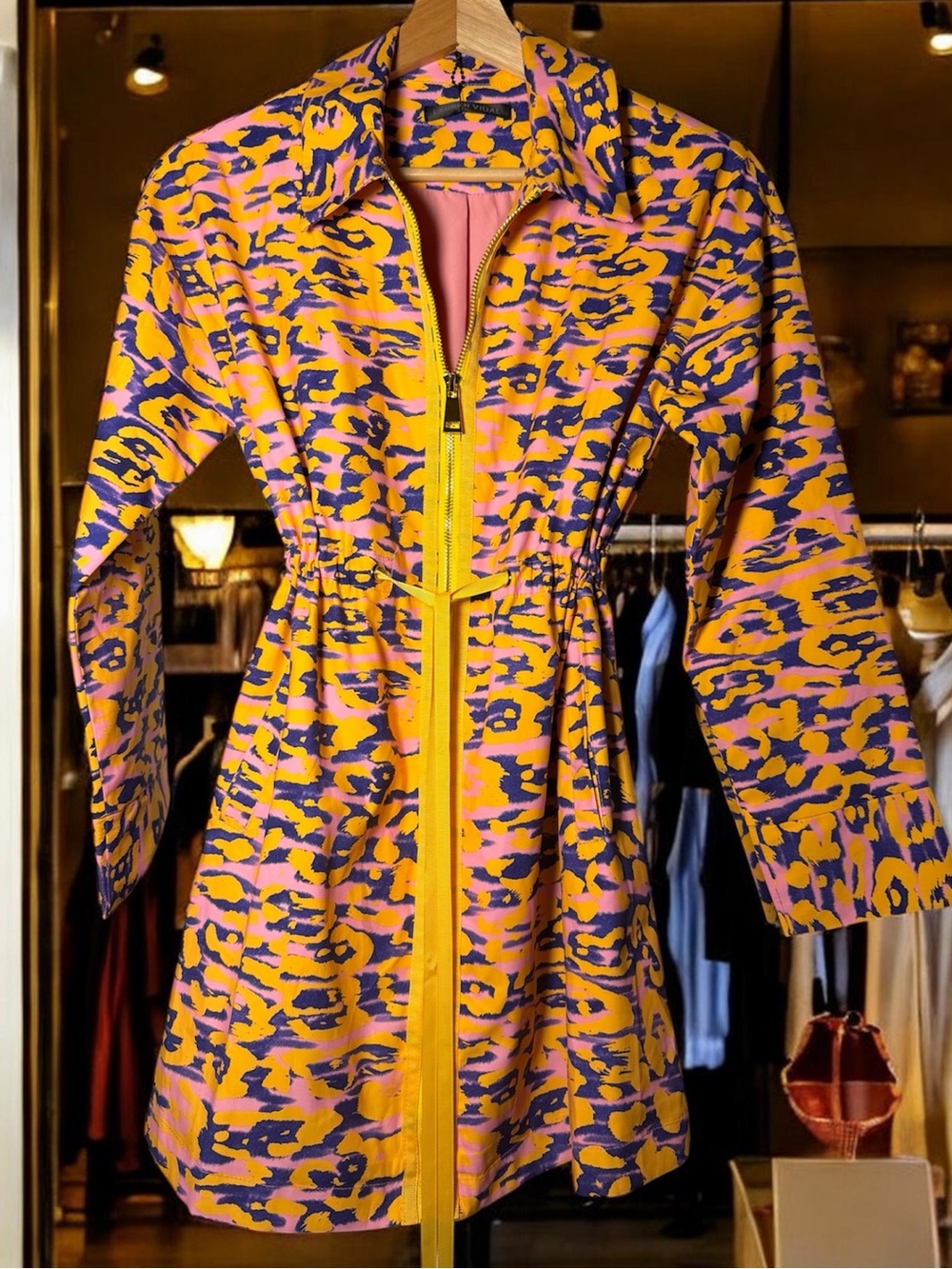 Lauren Vidal Yellow Pink Purple Animal Print Zip-Front Dress
